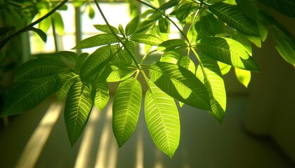 Sticker - Sunlight streams through interior leaves, casting patterns on floor, vibrant green leaves, bright lighting, interior scene, leaves and light