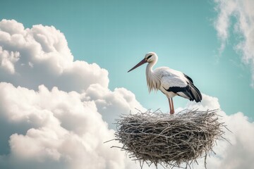 Wall Mural - Stork nesting in a large nest against a vibrant spring sky filled with fluffy clouds