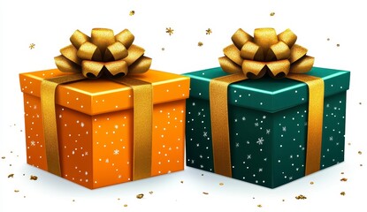 Wall Mural - Two gift boxes, orange and teal, with gold ribbons and glitter, on a white background, perfect for holiday or gift giving concepts