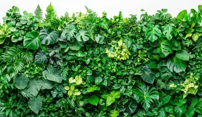 Wall Mural - Dense wall of various green leafy plants, lush foliage, diverse textures, bright green, light green, yellowish green, vibrant, lush greenery, healthy