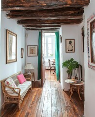 Wall Mural - Vintage hallway with wooden beams, light walls, a light beige couch, green curtains, and paintings. The pathway leads to an interior room with a