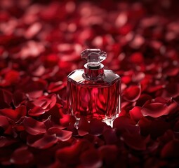 Wall Mural - Elegant red rose petals forming a symmetrical pattern around the bottle of perfume, creating a luxurious 