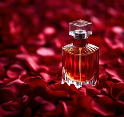 Wall Mural - Elegant red rose petals forming a symmetrical pattern around the bottle of perfume, creating a luxurious 