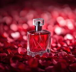 Wall Mural - Elegant red rose petals forming a symmetrical pattern around the bottle of perfume, creating a luxurious 