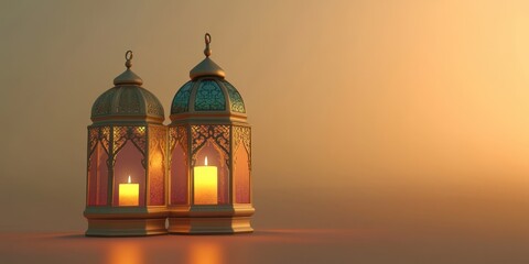 Wall Mural - Elegant Ramadan Lanterns with Glowing Candles at Sunset, Festive Islamic Decoration