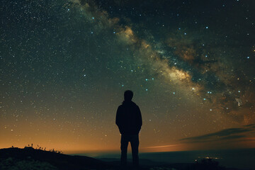Wall Mural - astronomer stargazing with telescope under night sky, generative ai image