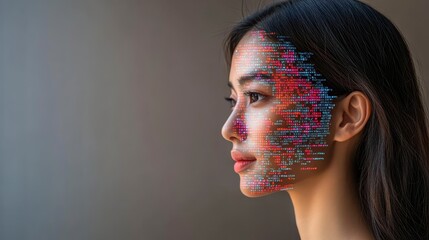 Poster - Profile view of a person with abstract digital patterns covering their face. Soft lighting and muted background