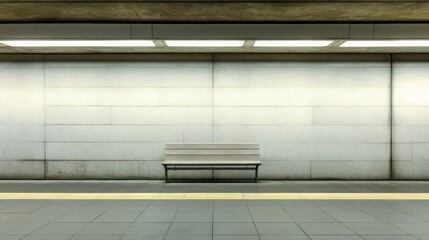 Aufkleber - Empty bench sitting on a subway platform illuminated by bright lights, creating a stark and lonely atmosphere in an urban underground setting