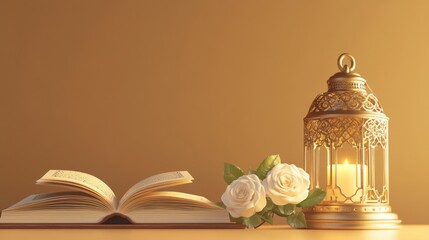 Wall Mural - Serene Ramadan Still Life: Open Book, Lantern, and Roses