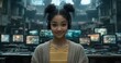 © A4719 - A young girl with headphones smiles in a room filled with many computer screens, giving an impression of an industrial setting