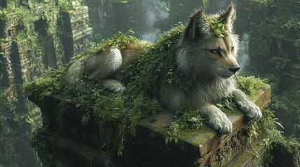 wolf resting on overgrown temple ruins, jungle background; fantasy art