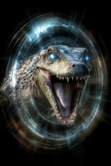 Wall Mural - Digital illustration of a prehistoric reptile, featuring glowing eyes and a wide open mouth, positioned in the center of a circular pattern of light