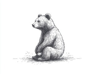 Poster - Simple black and white pixelated drawing of a bear sitting, isolated on white background, stylized graphic illustration, detailed rendering of the