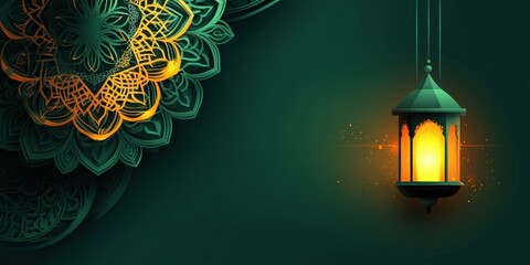 Wall Mural - Elegant Ramadan Lantern with Intricate Mandala Design Green and Gold Festive Background