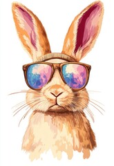 Wall Mural - Digital illustration of a rabbit wearing sunglasses, featuring a stylized, pixelated aesthetic, with a warm, light brown tone and colorful, vibrant