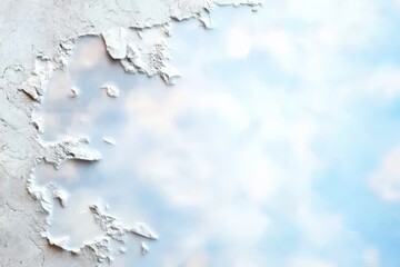 Textured wall with peeling paint revealing blue sky background, abstract art concept, copy space