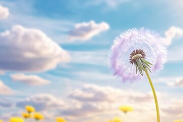 Wall Mural - Delicate dandelion puff against a serene sky, soft clouds and vibrant yellow flowers in the background, nature's beauty captured in a tranquil moment, floral concept