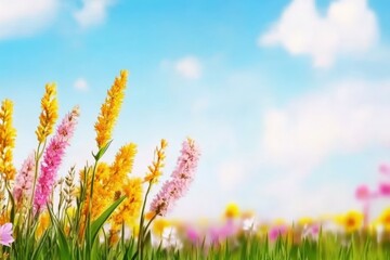 Wall Mural - Vibrant wildflowers bloom under a clear blue sky, showcasing a colorful array of pink, yellow, and purple petals, creating a lively springtime scene, nature beauty concept.