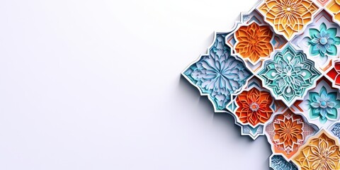 Wall Mural - Elegant Islamic Geometric Pattern Design  Intricate 3D Floral Mandala Art Colorful  White Background