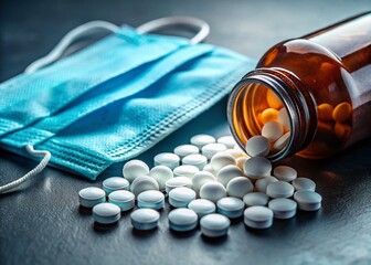 Wall Mural - Macro Close-up: White Pills on Medical Mask, Brown Bottle - Dark Background