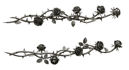 Silver metal rose vines with sharp thorns. Gothic prickly vine elements isolated
