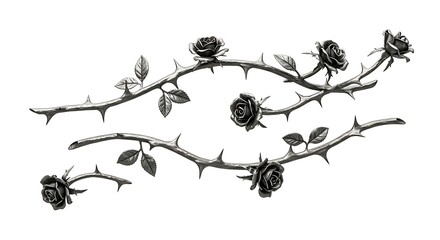 Silver metal rose vines with sharp thorns. Gothic prickly vine elements isolated
