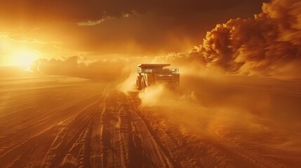 Aufkleber - A powerful dust storm engulfs the landscape as heavy machinery moves steadily through the swirling sand, highlighting the intense conditions at sunset in a deserted area.