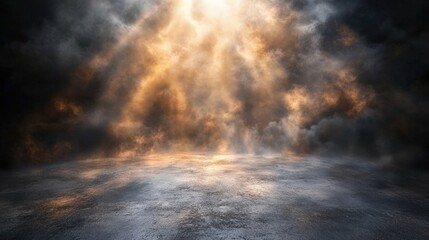 Poster - Dramatic Light Shining Through Dark Clouds Illuminating Ground in a Mystical Atmosphere with Soft Shadows and Rich Textures