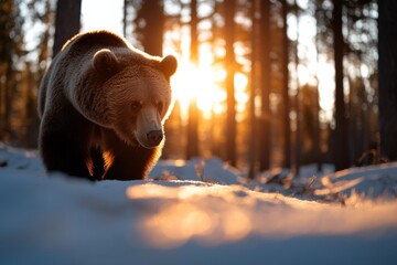 A striking closeup of a bear set against a stunning sunset backdrop, showcasing the raw power and beauty of wildlife in its natural habitat filled with snow.