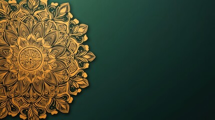 Poster - Elegant Gold Mandala Design on Dark Green Background: Intricate Floral Pattern for Invitations, Cards, and Decor