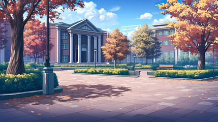 Wall Mural - Cartoon illustration of a campus featuring trees benches and an anime-style schoolyard with golden autumn leaves in a vibrant and colorful setting