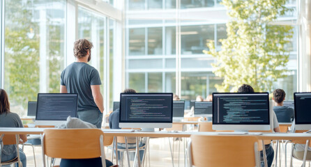 teacher engaging with students in a modern computer lab environment