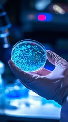 Wall Mural - in a contemporary laboratory, a scientist in gloves carefully holds a petri dish filled with a strik