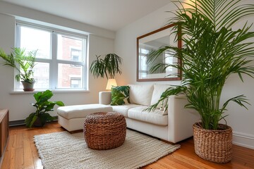 Wall Mural - Luxury apartment: Premium comfort. Cozy living room with plants and modern decor.