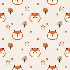 Wall Mural - Face Fox cartoon so cute. On tree leaf rainbow background. Pattern seamless vector illustration. 