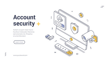 Poster - Account security web banner showcasing user login elements, a camera for monitoring, and security icons. It conveys a focus on cybersecurity