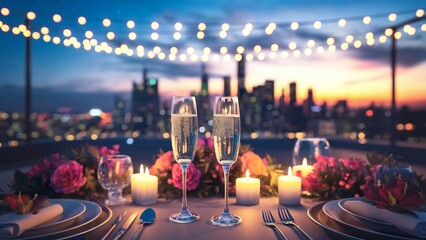 Wall Mural - Romantic Rooftop Dinner at Sunset with Champagne and City Views

