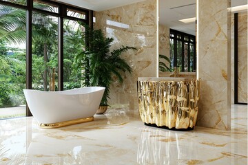 Wall Mural - Luxury apartment: Premium comfort. Modern bathroom with a freestanding tub and luxurious decor.