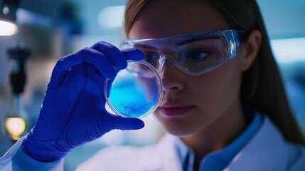 Wall Mural - in a modern laboratory, a dedicated scientist carefully inspects a petri dish containing a vibrant b