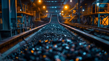 Aufkleber - Coal is being transported along rail tracks in an industrial facility illuminated by orange lighting, highlighting the scale of the operation during nighttime hours.