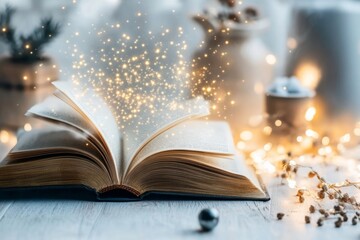 Poster - A magical floating book glowing with golden light, revealing ancient references and forgotten knowledge