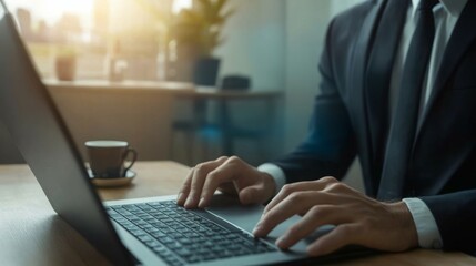 Leinwandbilder - A professional individual types on a laptop in a well-lit office, exuding focus and productivity.