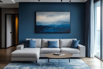 Wall Mural - Contemporary living room featuring blue decor and abstract painting