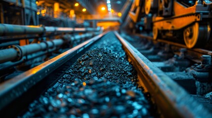 Poster - Coal is being moved along railway tracks inside an underground mine, illuminated by artificial lights to enhance visibility of the operation. Heavy machinery is present nearby.