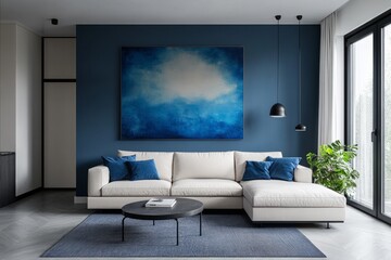 Wall Mural - Stylish living room featuring a large blue painting and contemporary furniture