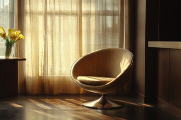 Wall Mural - Stylish chair by window with warm sunlight and yellow flowers