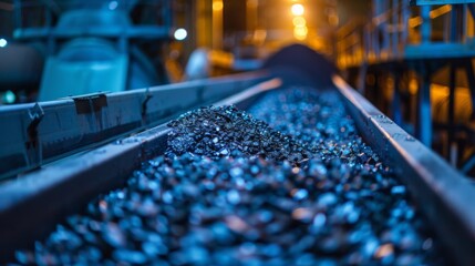 Aufkleber - A conveyor belt carries a pile of coal through an industrial facility at night. Artificial lights create a warm glow, highlighting the surrounding machinery.