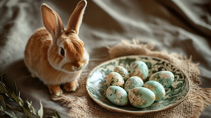 Curious brown bunny sitting on burlap cloth, ceramic plate, hand-painted eggs in olive green and coffee tones. Soft shadows of olive branches. Easter concept. Horizontal web banner for social media