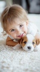 Wall Mural - Portrait of little child play with dog indoors