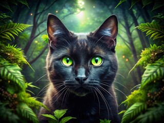 Wall Mural - Mystical Black Cat Double Exposure: Green Eyes, Nature Background Stock Photo